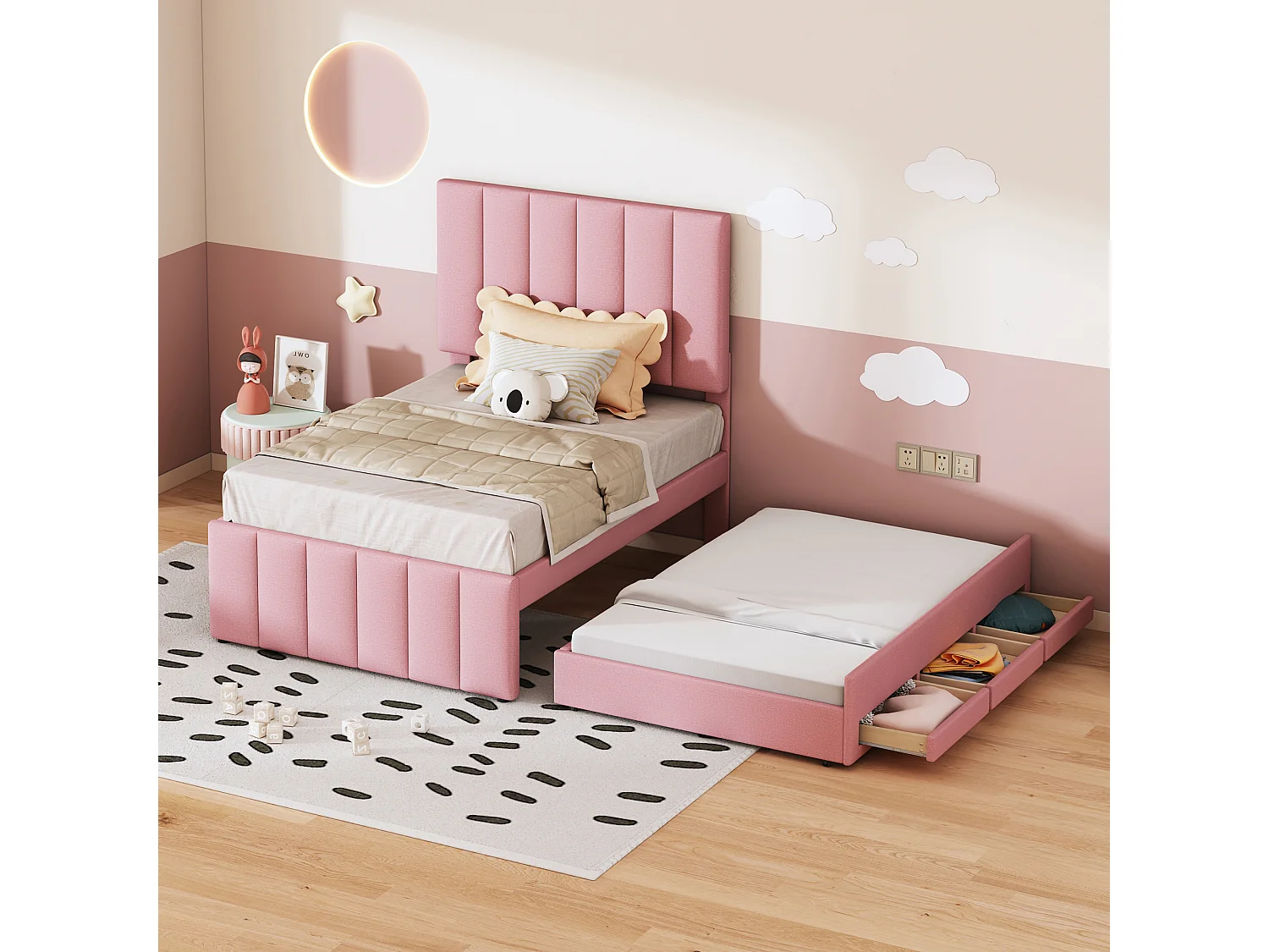 Lit enfant 90x200 cm avec lit gigogne 90x190cm avec tiroirs de rangement, en lin, sans matelas, rose