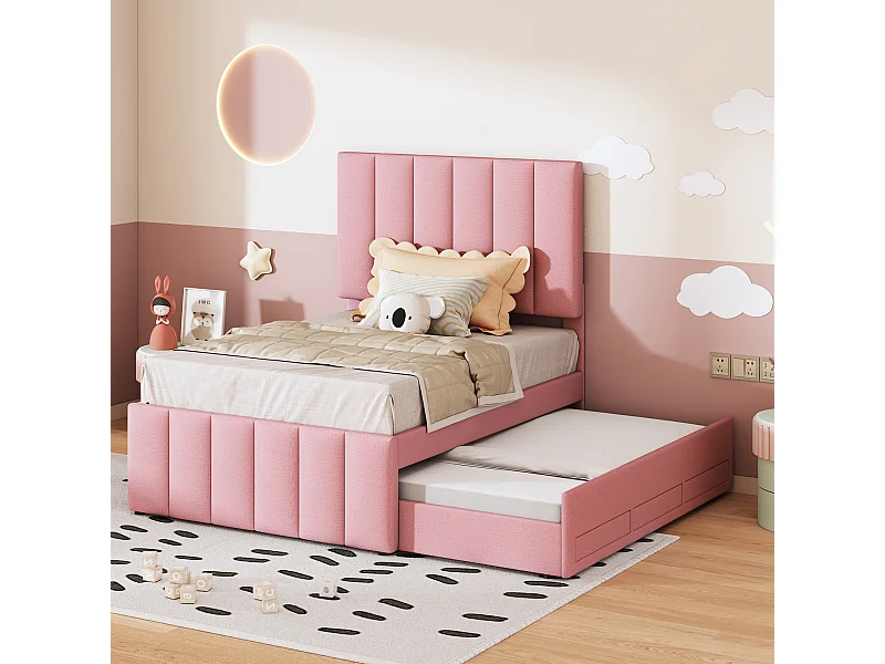 Kinderbed 90x200 cm met uitschuifbed 90x190 cm met opberglades, linnen, zonder matras, roze