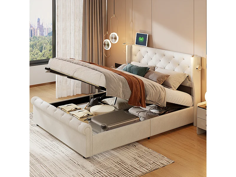 Tweepersoonsbed 140 x 190 cm, leeslamp met oplaadfunctie, opbergbed, fluweel, beige