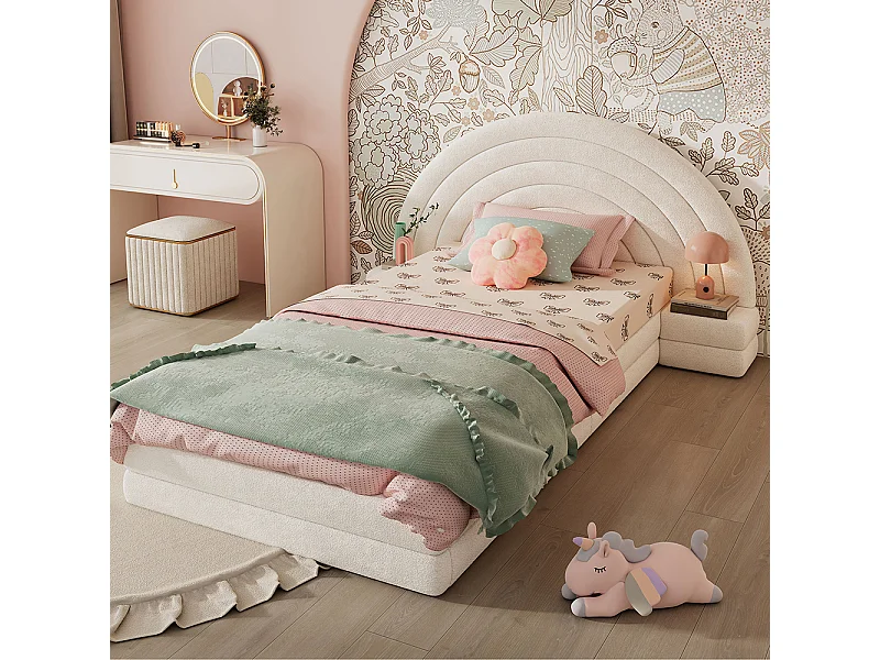 Gepolster kinderslaapbank 90x200 cm met regenboogvormig hoofdeinde en tafeltjes aan beide zijden, modern bedframe in imitatie poolstof, beige