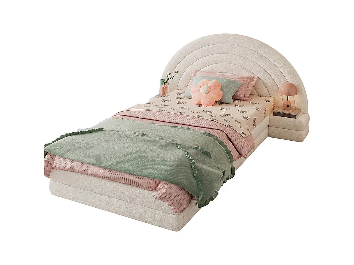 Lit enfant rembourré 90x200 cm tête de lit en forme d'arc-en-ciel avec tables des deux côtés cadre de lit moderne imitation polaire beige