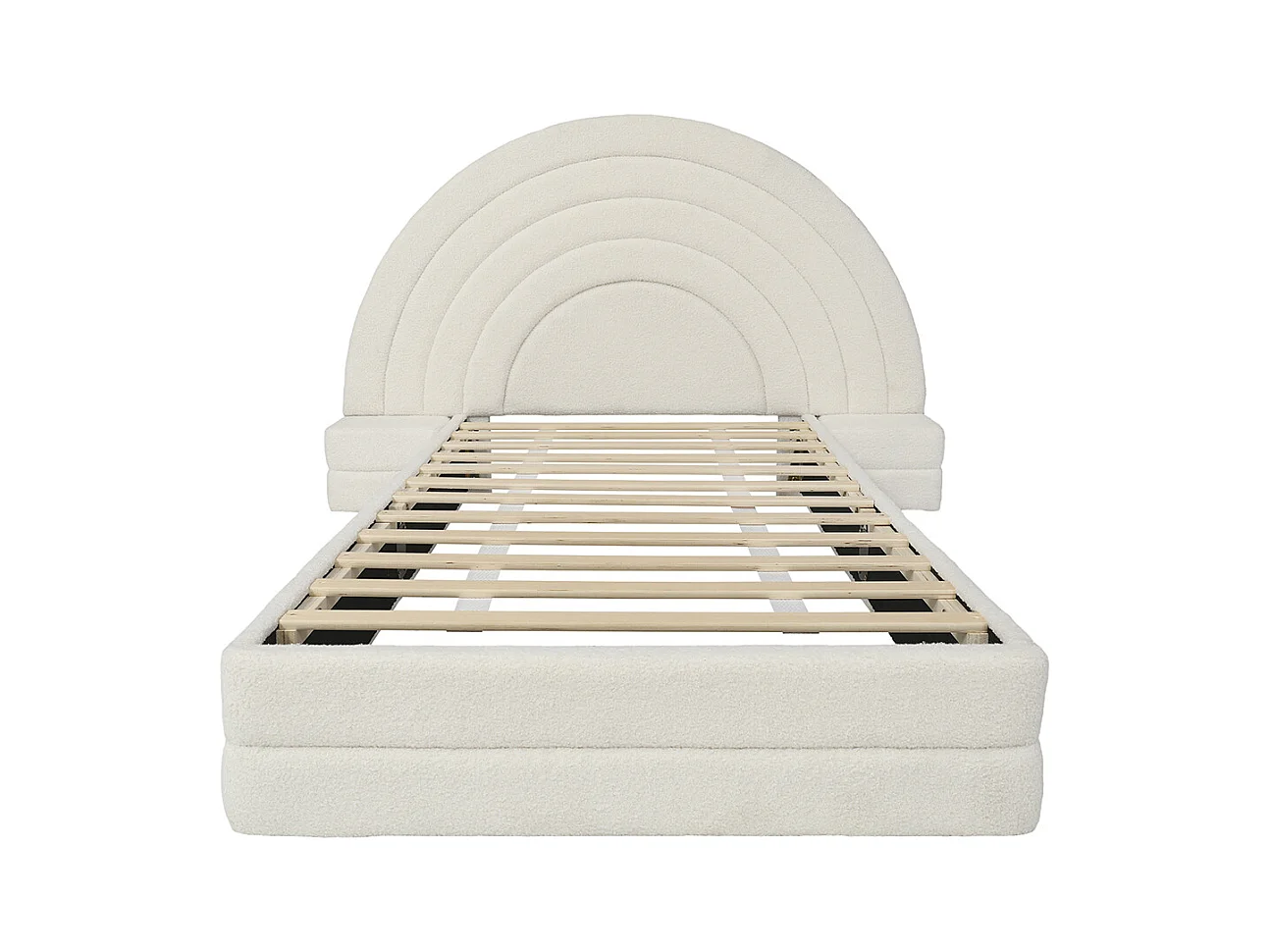 Lit enfant rembourré 90x200 cm tête de lit en forme d'arc-en-ciel avec tables des deux côtés cadre de lit moderne imitation polaire beige