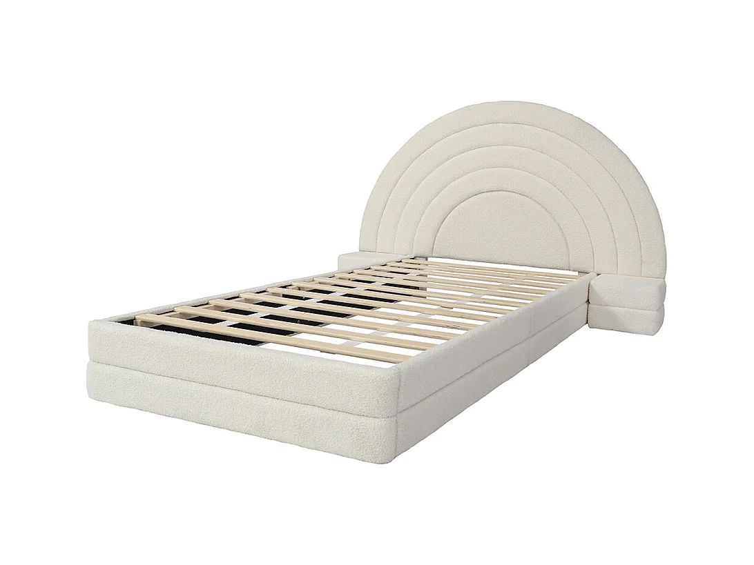 Lit enfant rembourré 90x200 cm tête de lit en forme d'arc-en-ciel avec tables des deux côtés cadre de lit moderne imitation polaire beige