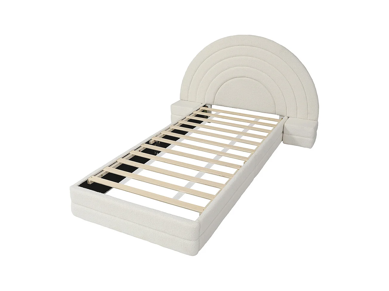 Lit enfant rembourré 90x200 cm tête de lit en forme d'arc-en-ciel avec tables des deux côtés cadre de lit moderne imitation polaire beige