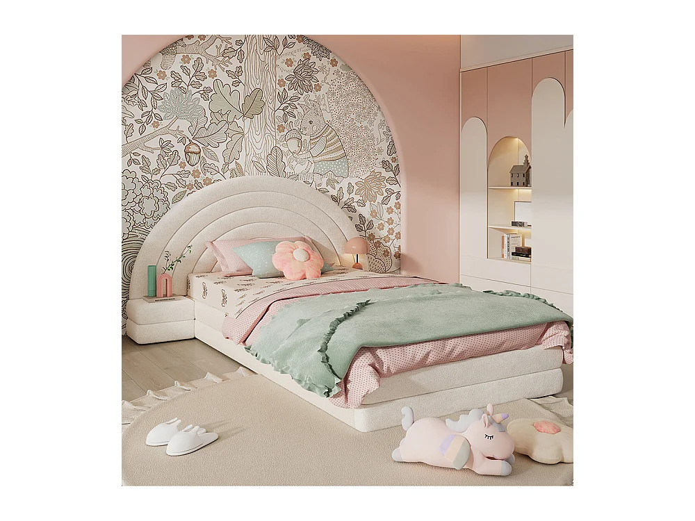 Lit enfant rembourré 90x200 cm tête de lit en forme d'arc-en-ciel avec tables des deux côtés cadre de lit moderne imitation polaire beige