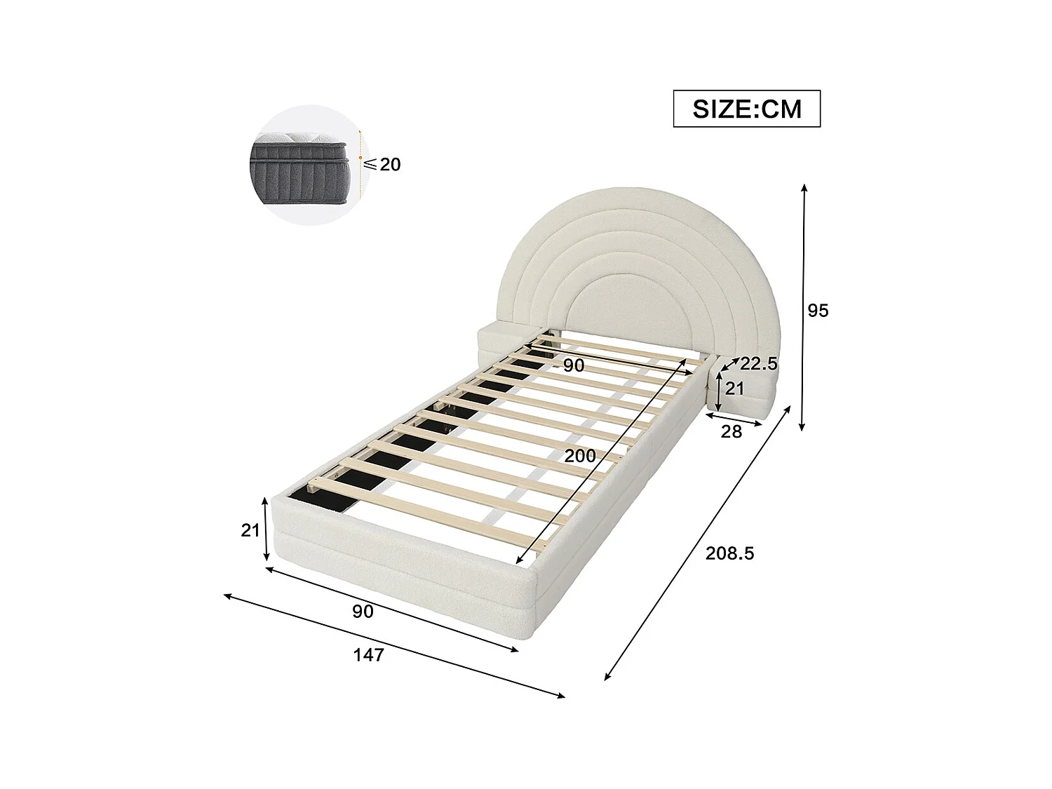 Lit enfant rembourré 90x200 cm tête de lit en forme d'arc-en-ciel avec tables des deux côtés cadre de lit moderne imitation polaire beige