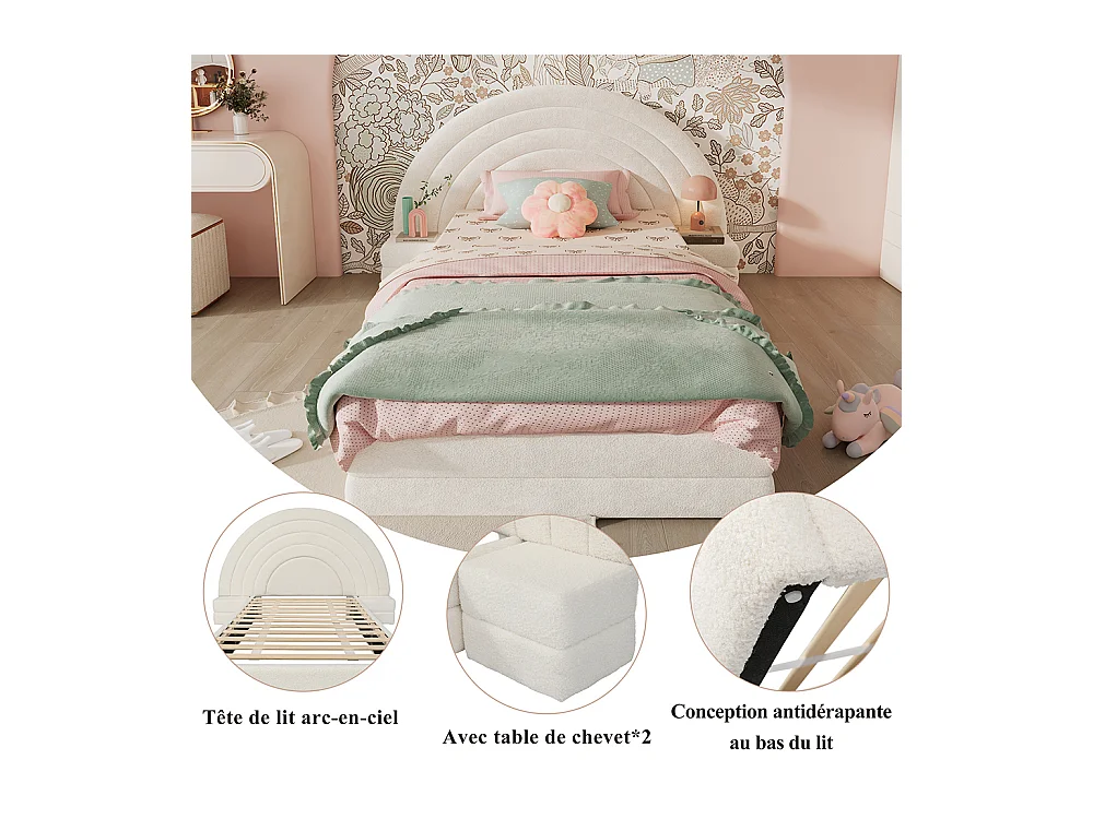 Lit enfant rembourré 90x200 cm tête de lit en forme d'arc-en-ciel avec tables des deux côtés cadre de lit moderne imitation polaire beige