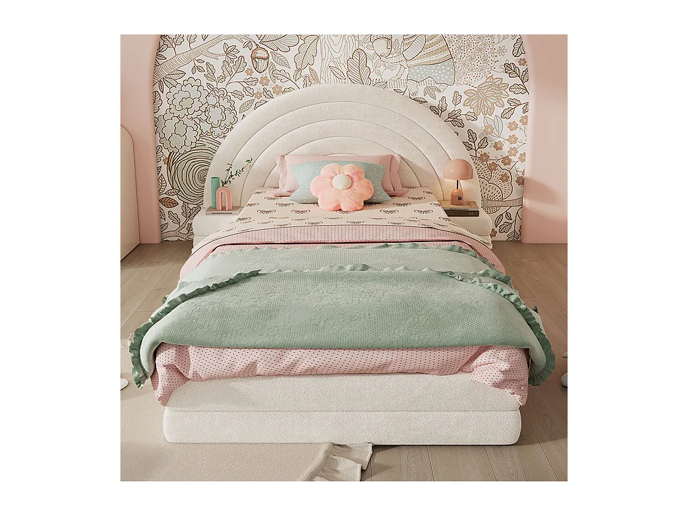 Lit enfant rembourré 90x200 cm tête de lit en forme d'arc-en-ciel avec tables des deux côtés cadre de lit moderne imitation polaire beige