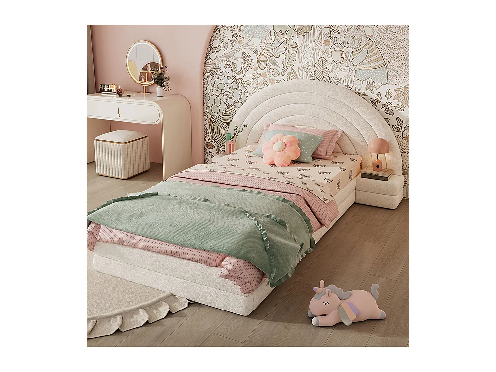 Gepolster kinderslaapbank 90x200 cm met regenboogvormig hoofdeinde en tafeltjes aan beide zijden, modern bedframe in imitatie poolstof, beige