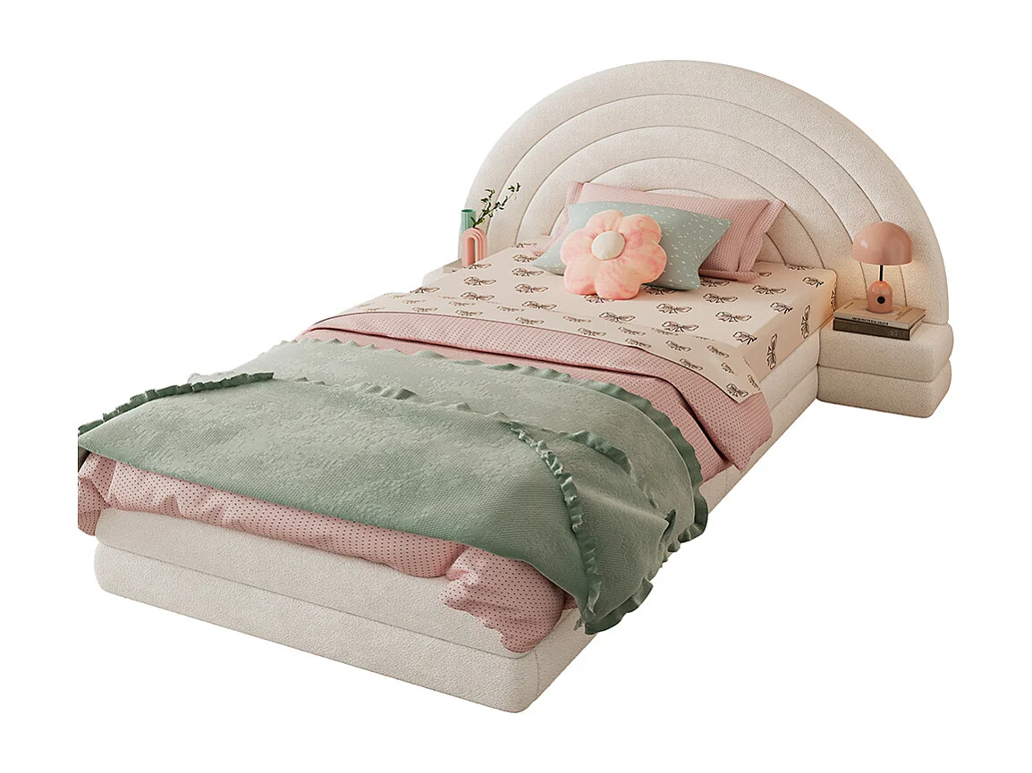 Lit enfant rembourré 90x200 cm tête de lit en forme d'arc-en-ciel avec tables des deux côtés cadre de lit moderne imitation polaire beige