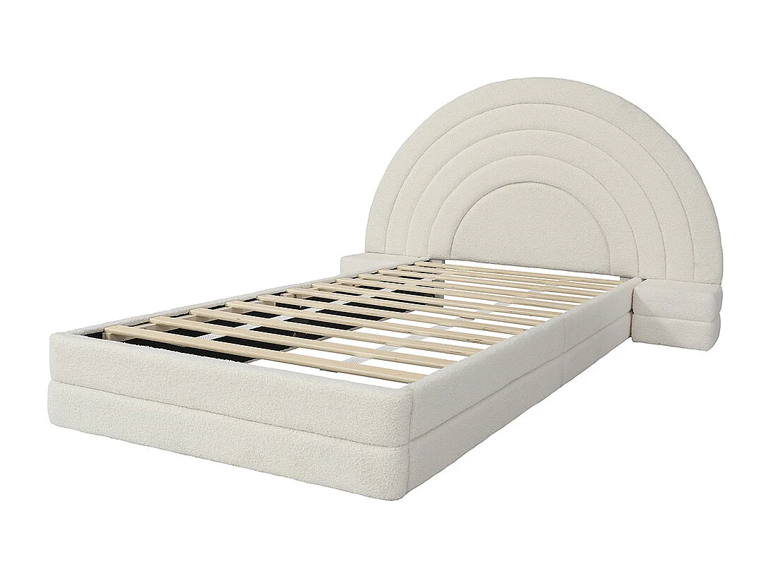 Lit enfant rembourré 90x200 cm tête de lit en forme d'arc-en-ciel avec tables des deux côtés cadre de lit moderne imitation polaire beige