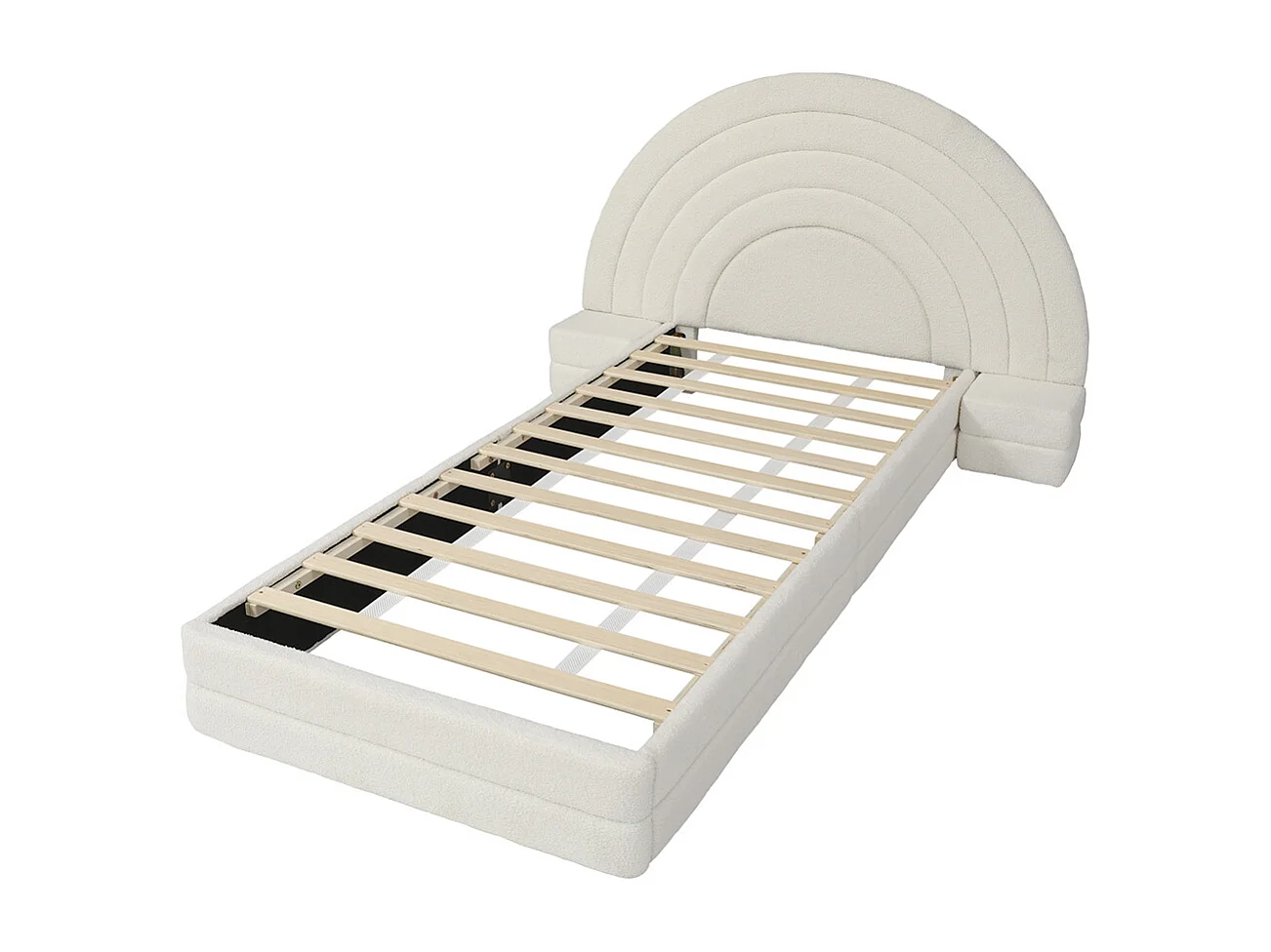 Lit enfant rembourré 90x200 cm tête de lit en forme d'arc-en-ciel avec tables des deux côtés cadre de lit moderne imitation polaire beige