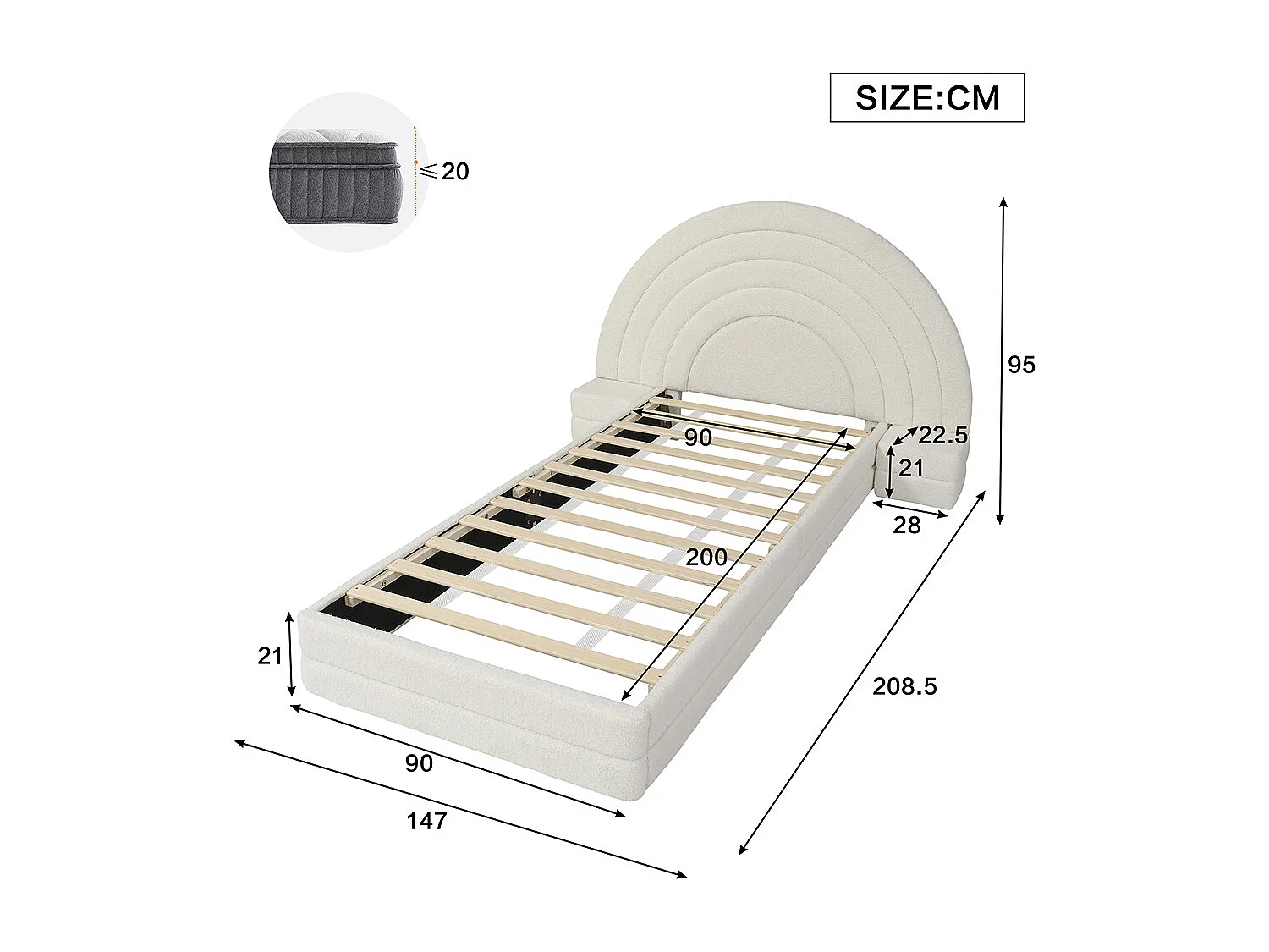 Lit enfant rembourré 90x200 cm tête de lit en forme d'arc-en-ciel avec tables des deux côtés cadre de lit moderne imitation polaire beige