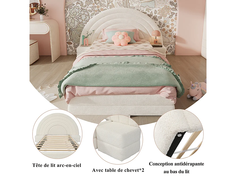 Lit enfant rembourré 90x200 cm tête de lit en forme d'arc-en-ciel avec tables des deux côtés cadre de lit moderne imitation polaire beige