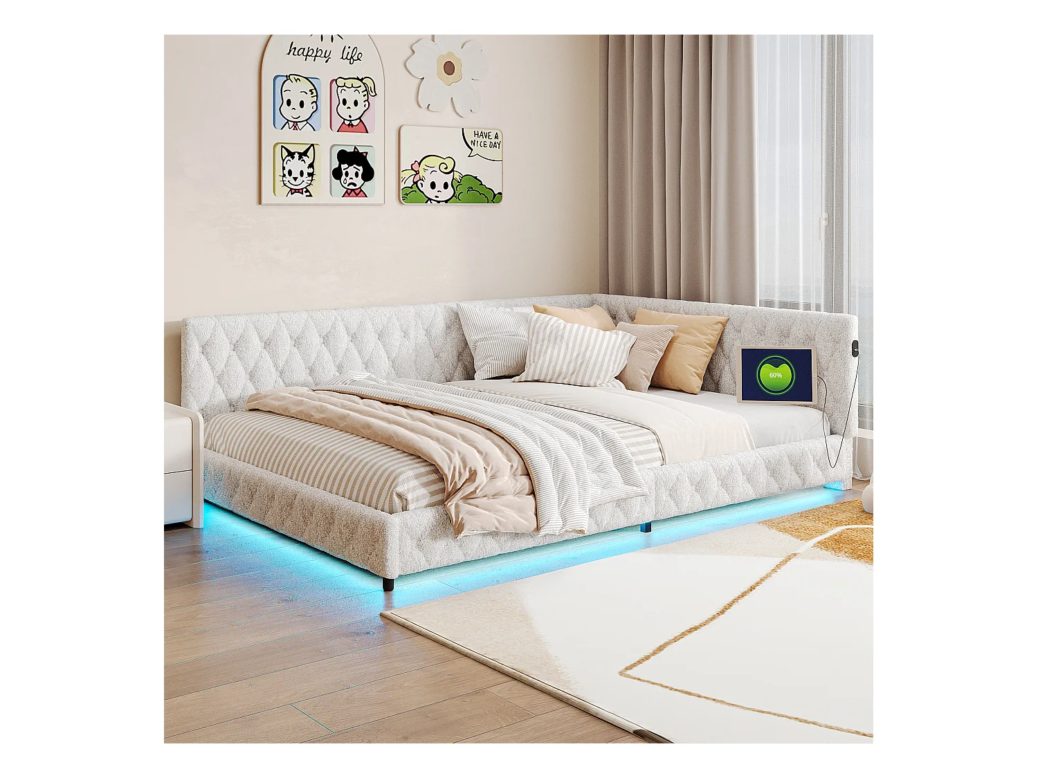Gestoffeerd tweepersoonsbed 140 x 200 cm met LED en USB-aansluiting, met hoofdbord en lattenbodem, beige