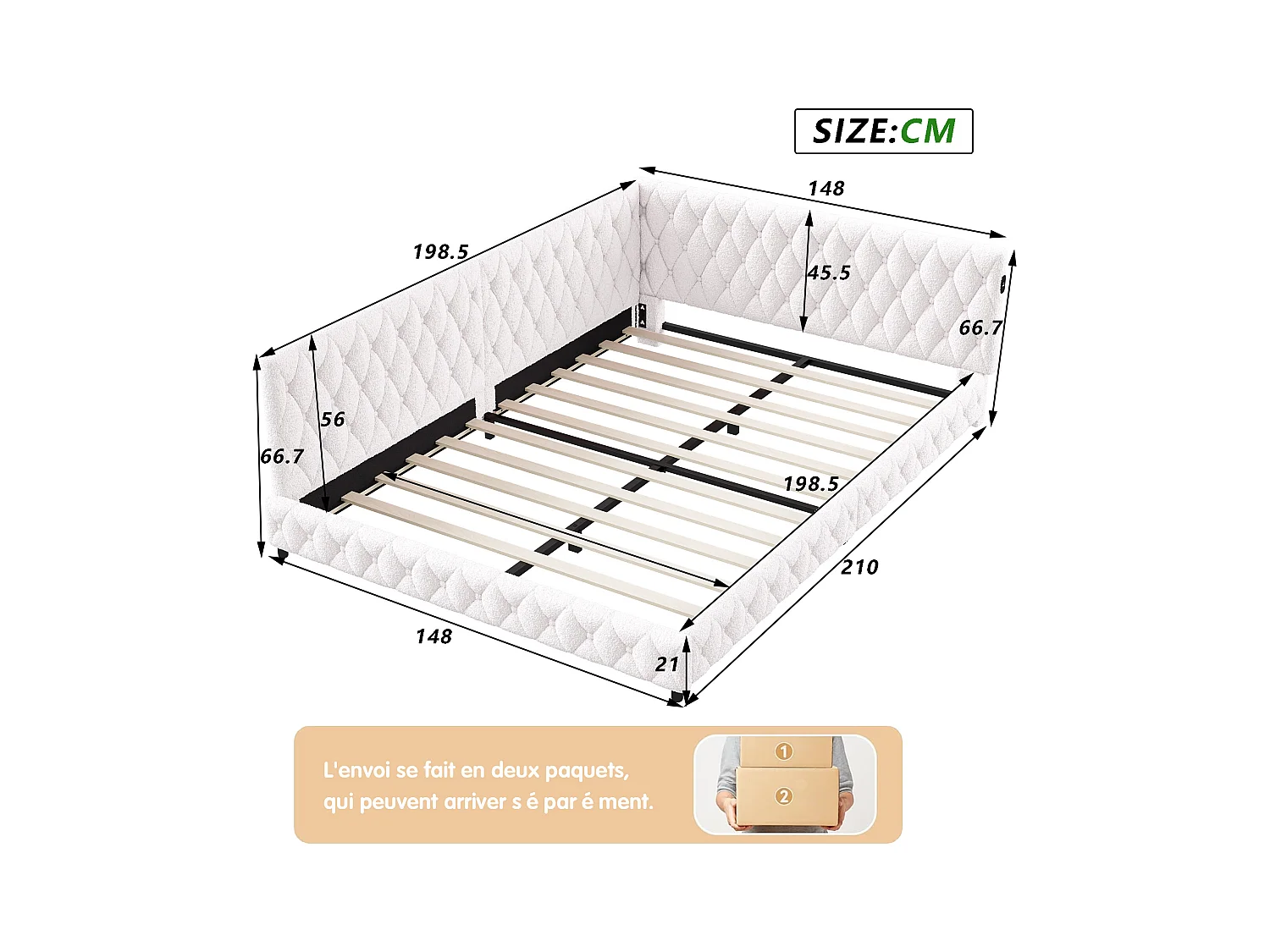 Gestoffeerd tweepersoonsbed 140 x 200 cm met LED en USB-aansluiting, met hoofdbord en lattenbodem, beige