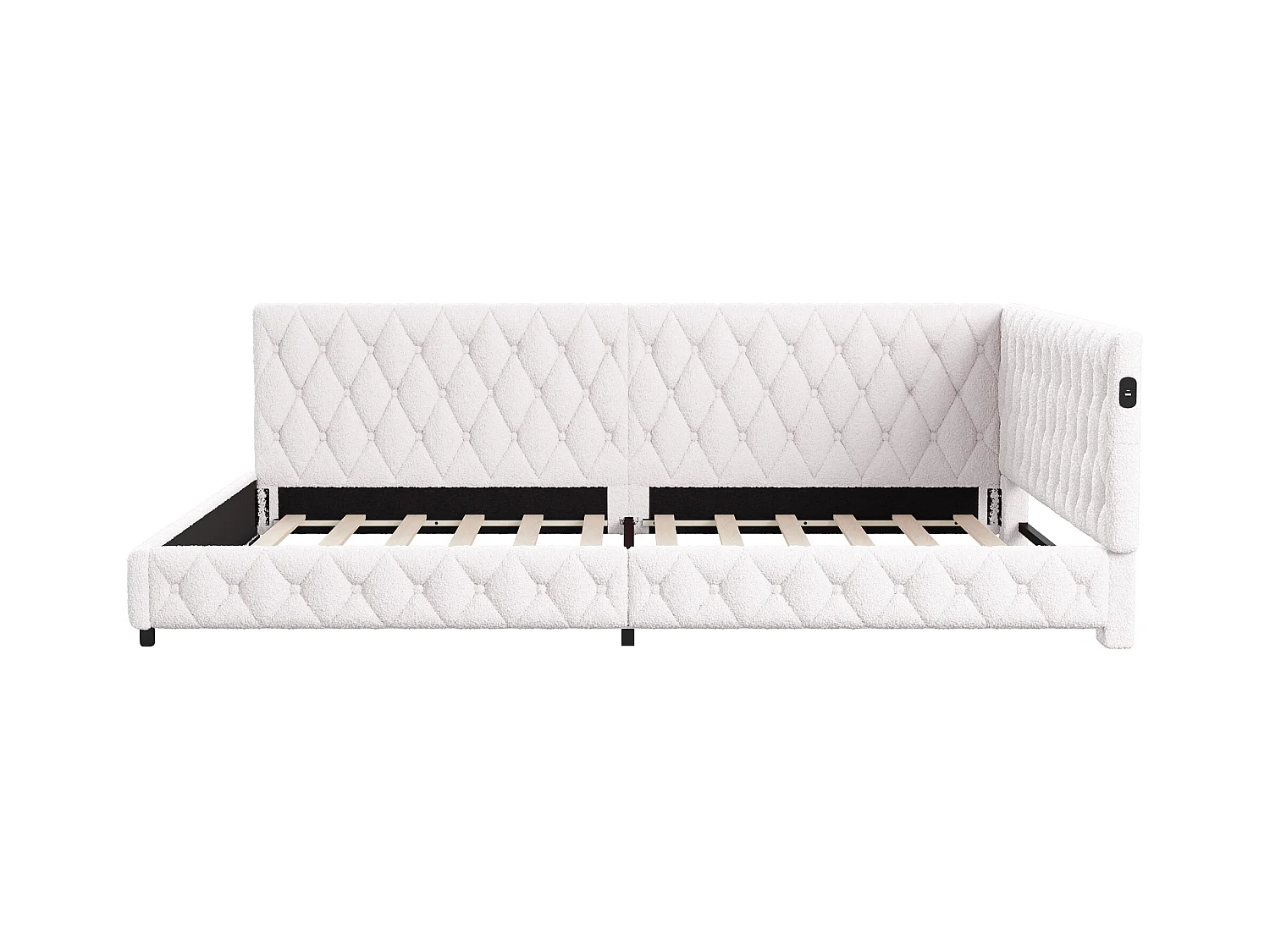 Gestoffeerd tweepersoonsbed 140 x 200 cm met LED en USB-aansluiting, met hoofdbord en lattenbodem, beige