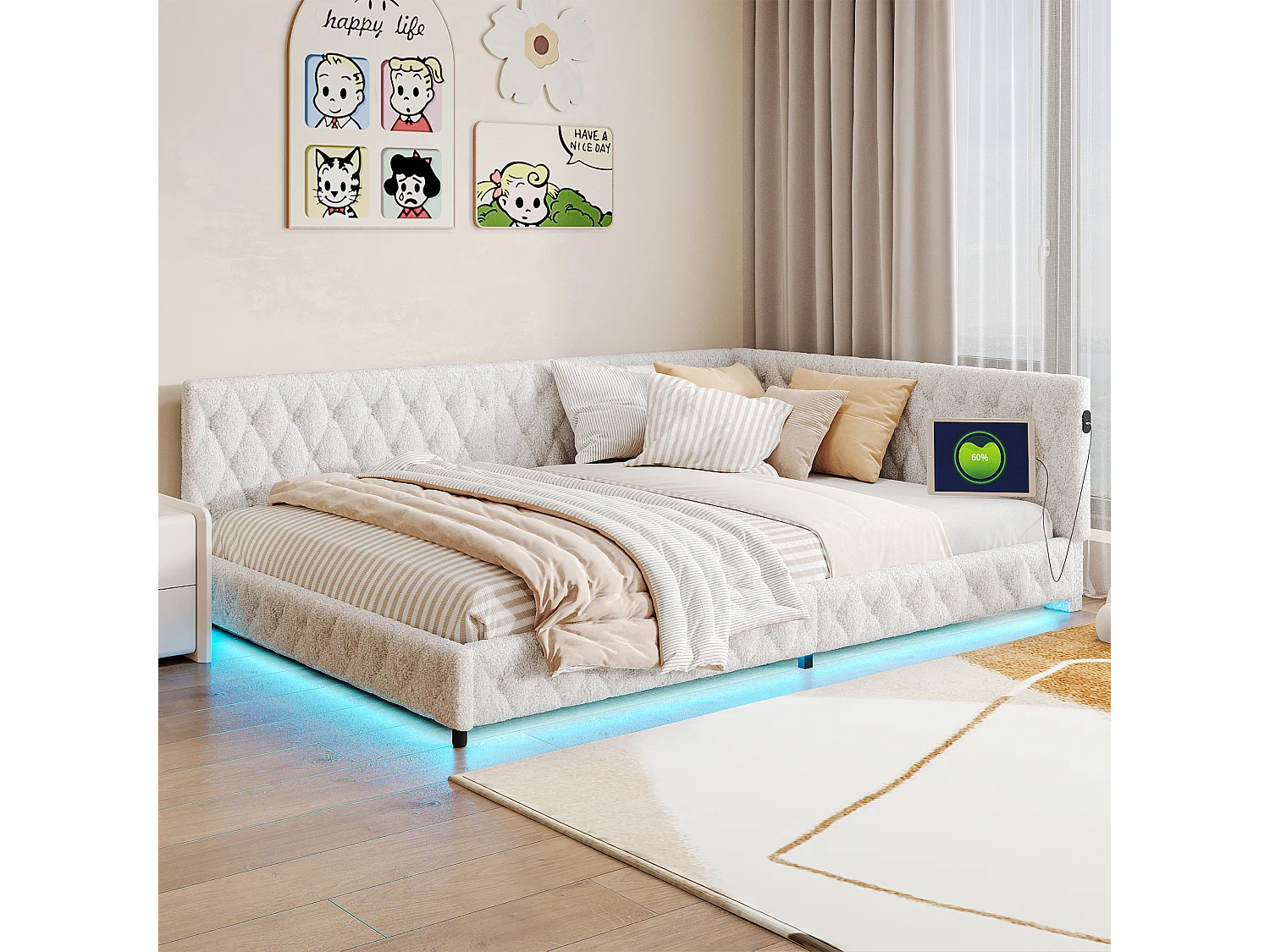 Lit double rembourré 140 x 200 cm avec LED et port USB, avec tête de lit et sommier à lattes, beige