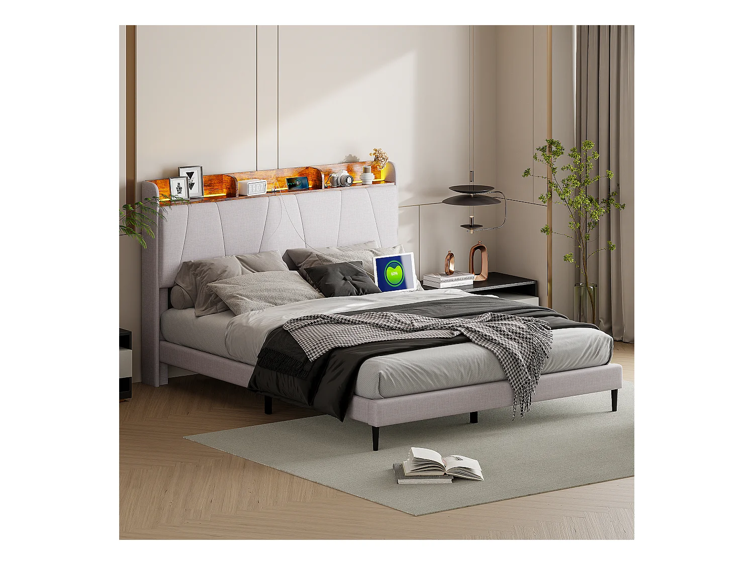 Estrutura de cama 140 x 200 cm com USB e LED, cama multifuncional com cabeceira de arrumação, linho, branco