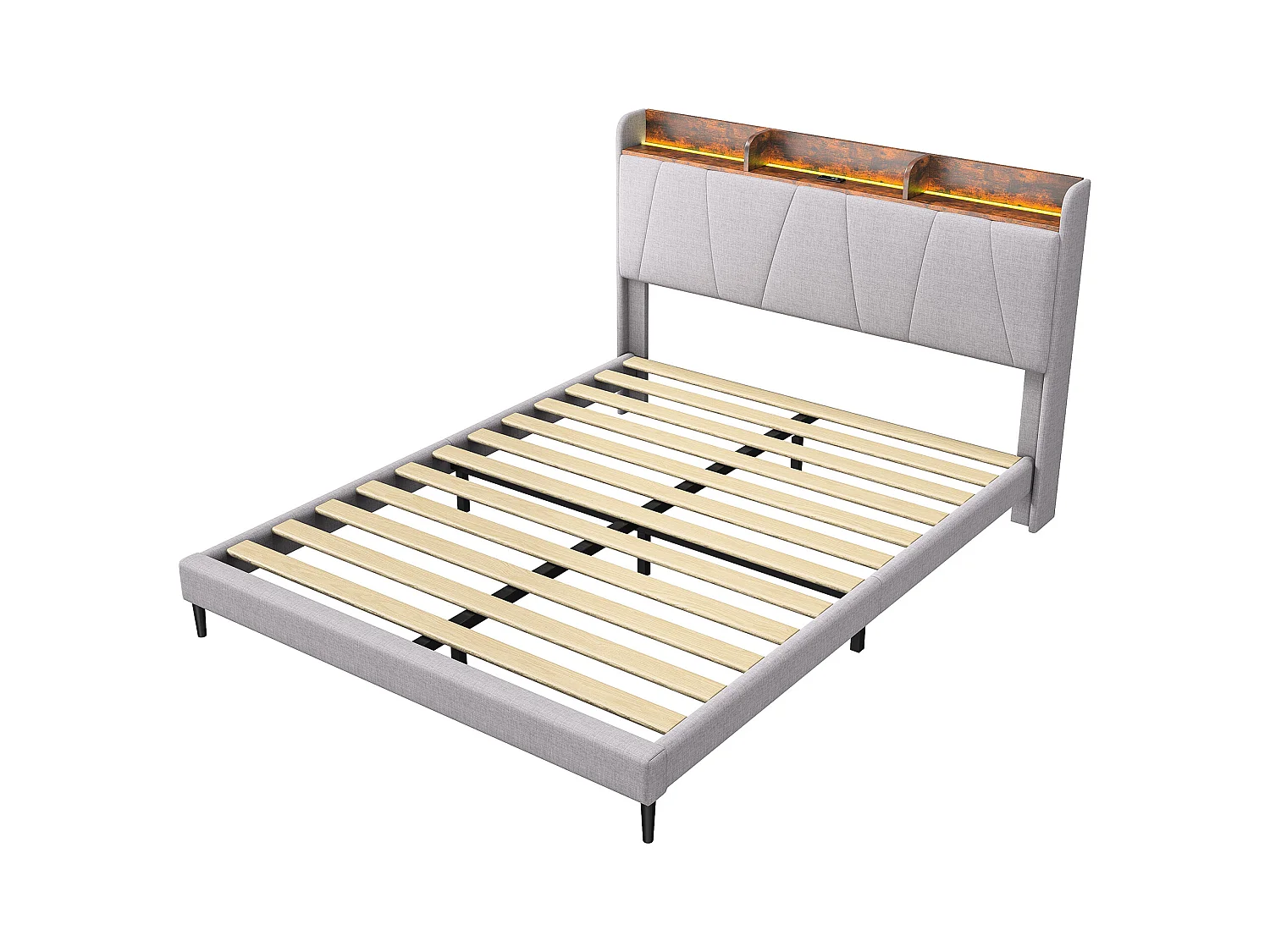 Estrutura de cama 140 x 200 cm com USB e LED, cama multifuncional com cabeceira de arrumação, linho, branco