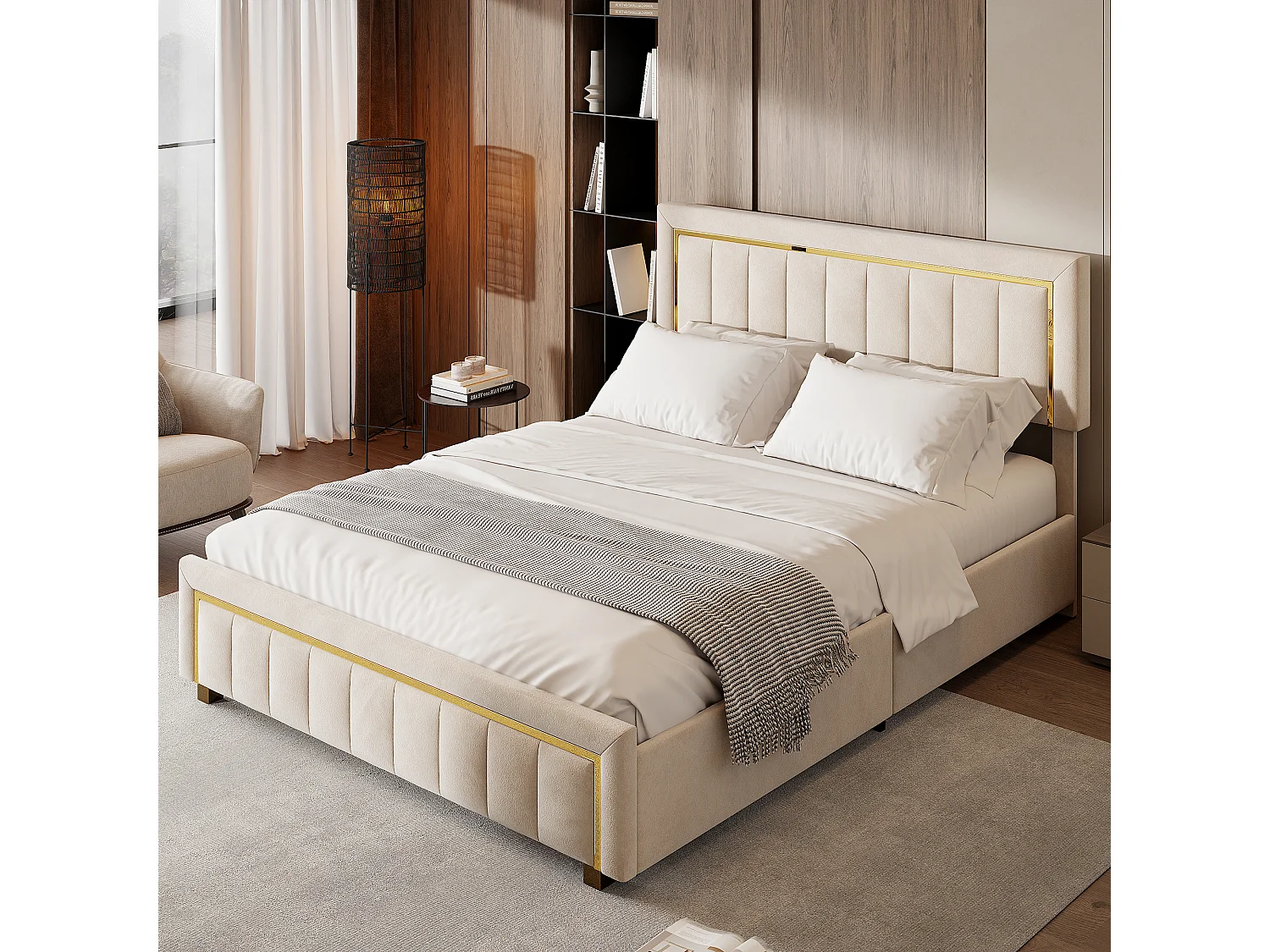 Letto 160x200 cm con base, testiera dal design verticale, contenitore integrato sotto il letto, beige