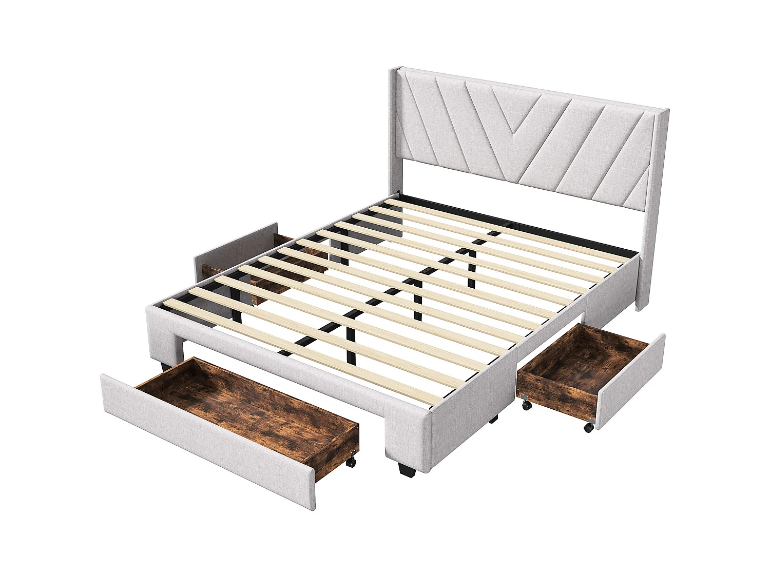 Lit Double 160x200 cm avec Tiroir , Lit Rembourré avec Sommier à Lattes en Bois , Lin , Beige