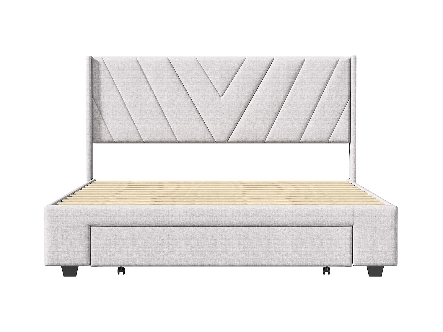 Lit Double 160x200 cm avec Tiroir , Lit Rembourré avec Sommier à Lattes en Bois , Lin , Beige