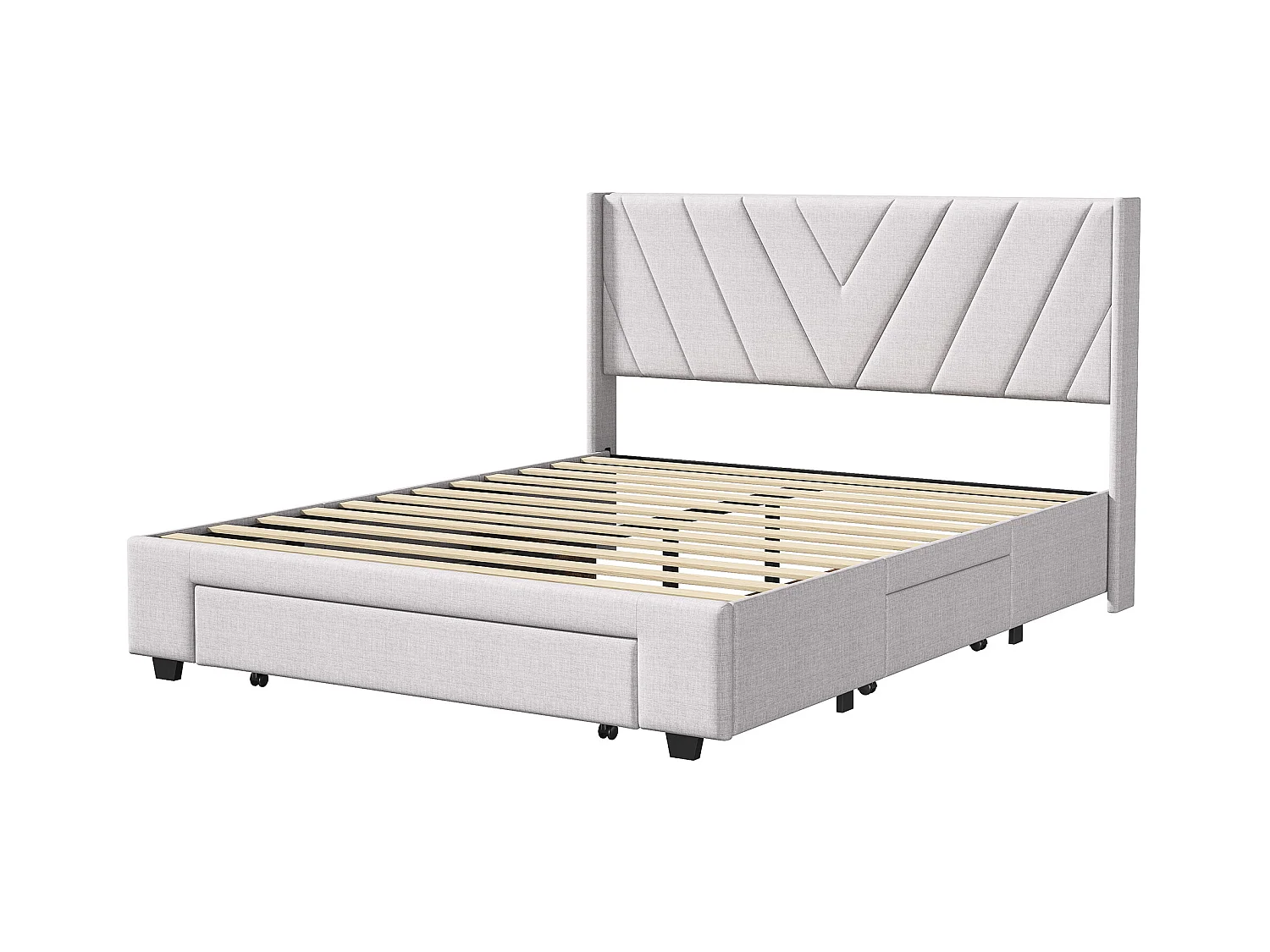 Lit Double 160x200 cm avec Tiroir , Lit Rembourré avec Sommier à Lattes en Bois , Lin , Beige