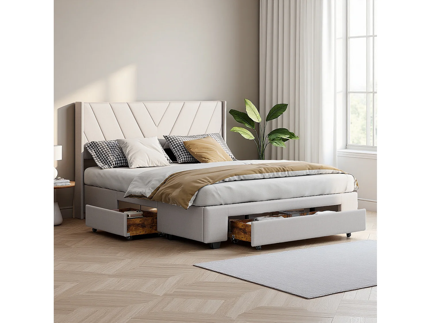 Gestoffeerd tweepersoonsbed 160x200 cm met 3 lades en opbergruimte, bed voor tieners met lattenbodem, zonder matras, linnen, beige