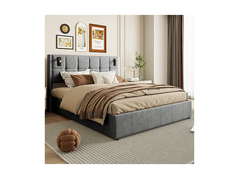 Cama canapé 160x200 cm con somier, con USB y Tipo-C, Cama de matrimonio con somier, color gris