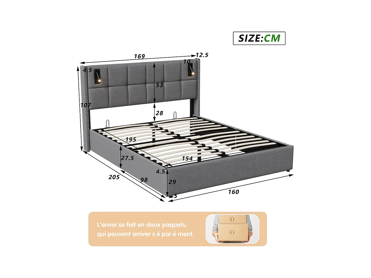 Letto contenitore 160x200 cm con rete a doghe, con USB e Type-C, Letto matrimoniale con rete a doghe, grigio
