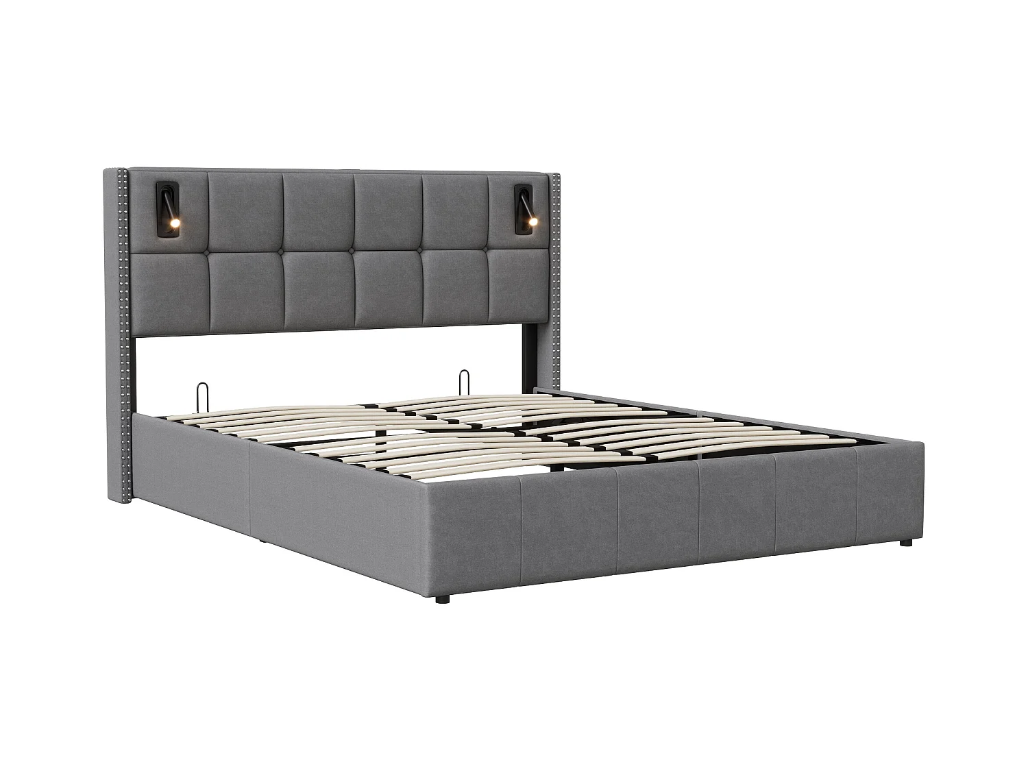 Lit Coffre 160x200 cm avec sommier,  lit Double avec sommier à Lattes, gris
