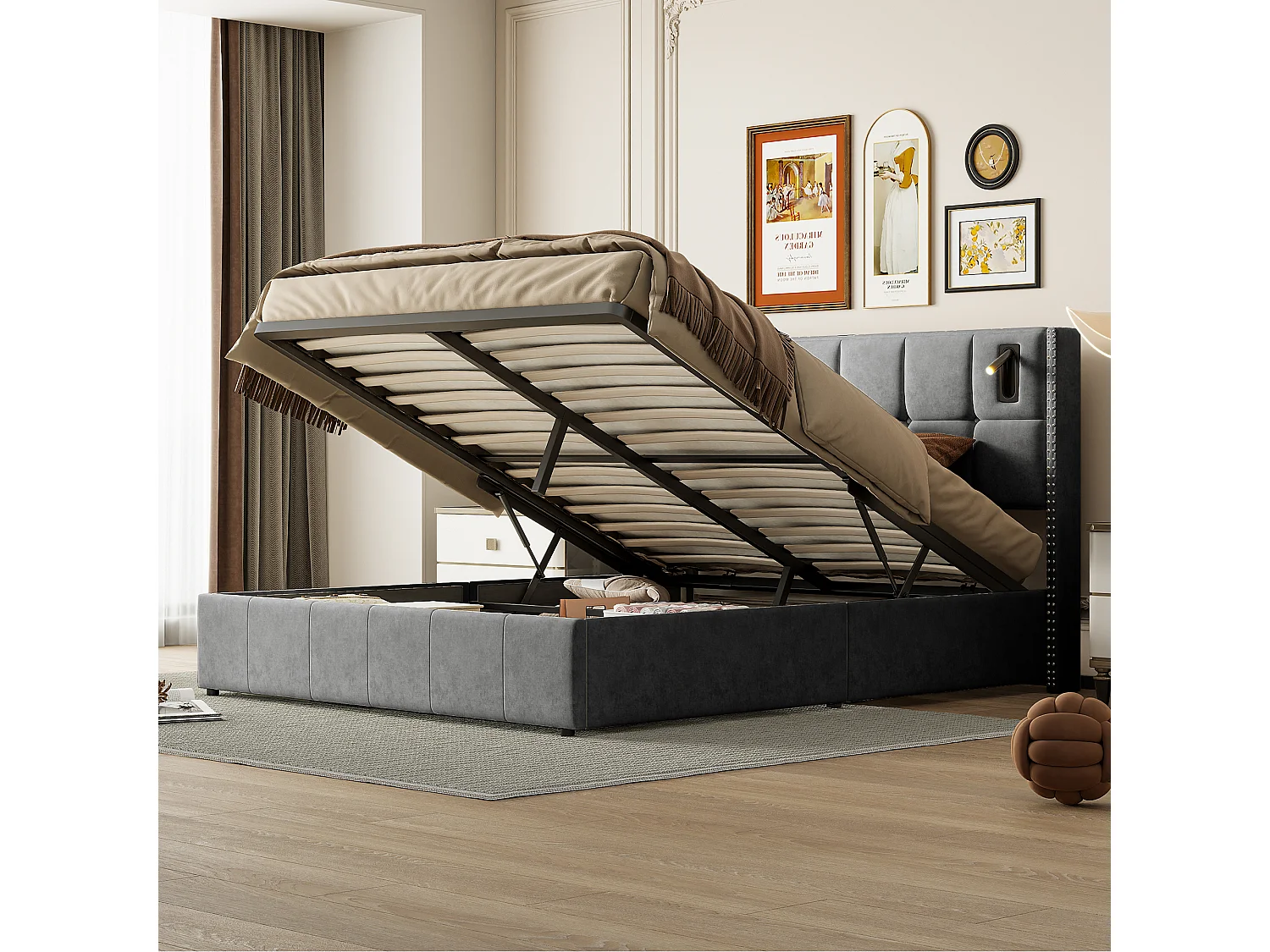 Cama 160x200 cm com estrado elevatório e ripas, cama de casal estofada com luz de leitura, arrumação hidráulica, sem colchão, veludo, cinza