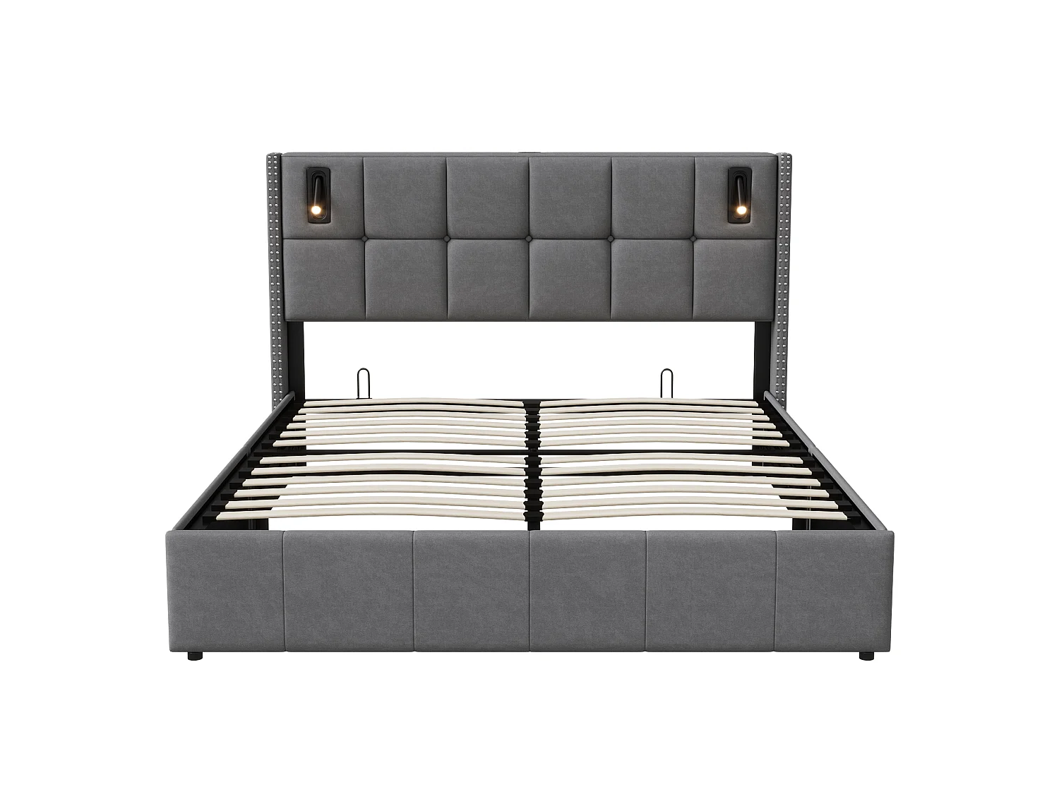 Cama 160x200 cm com estrado elevatório e ripas, cama de casal estofada com luz de leitura, arrumação hidráulica, sem colchão, veludo, cinza