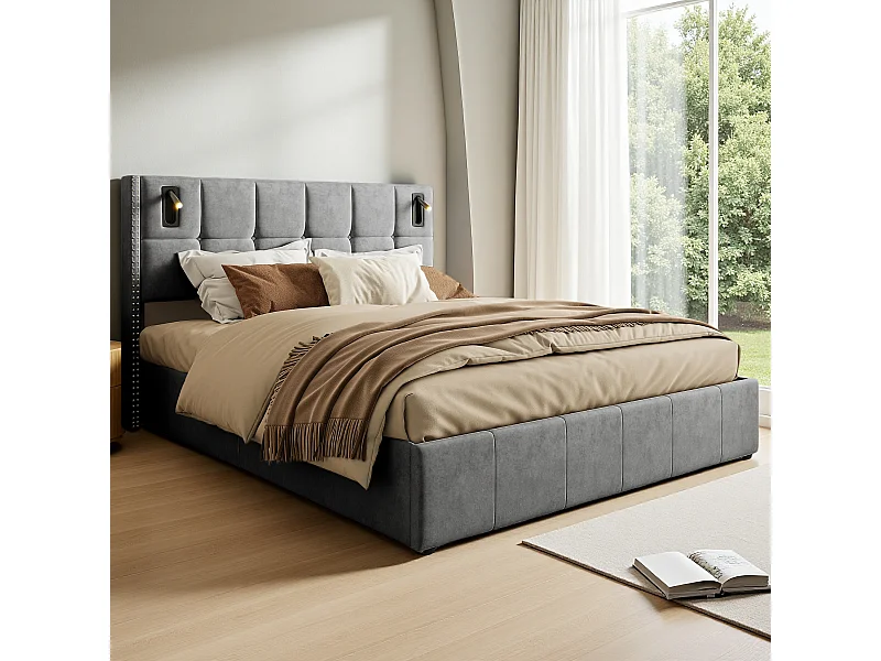 Lit 160 x 200 avec Sommier Coffre, Lit Deux Place Rembourré avec Liseuse, Fonction de Rangement Hydraulique, Sommier à Lattes, Sans Matelas, Velours, Gris