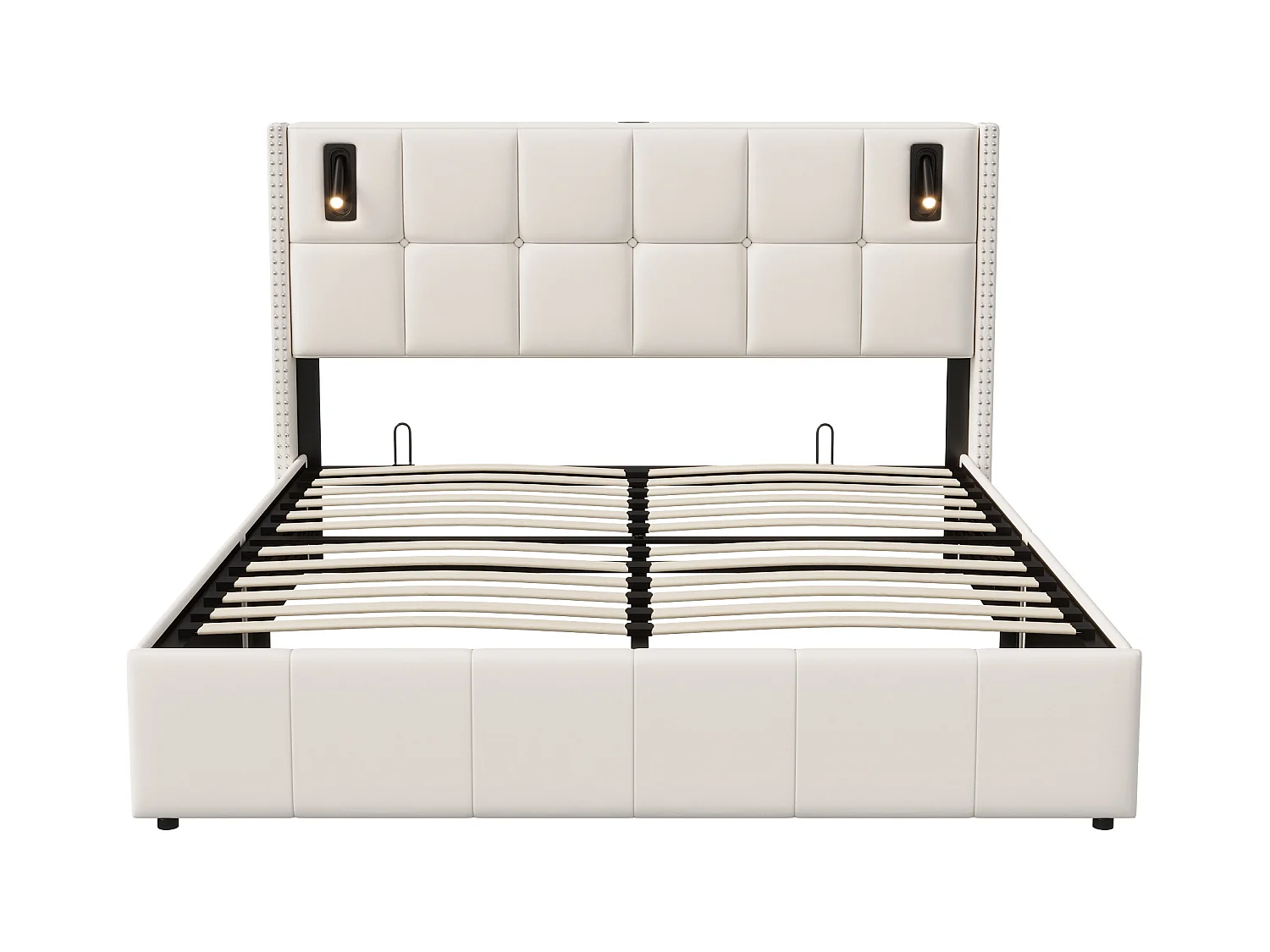 Letto contenitore 140x200 cm con rete a doghe, con USB e Type-C, Letto matrimoniale con rete a doghe, Beige