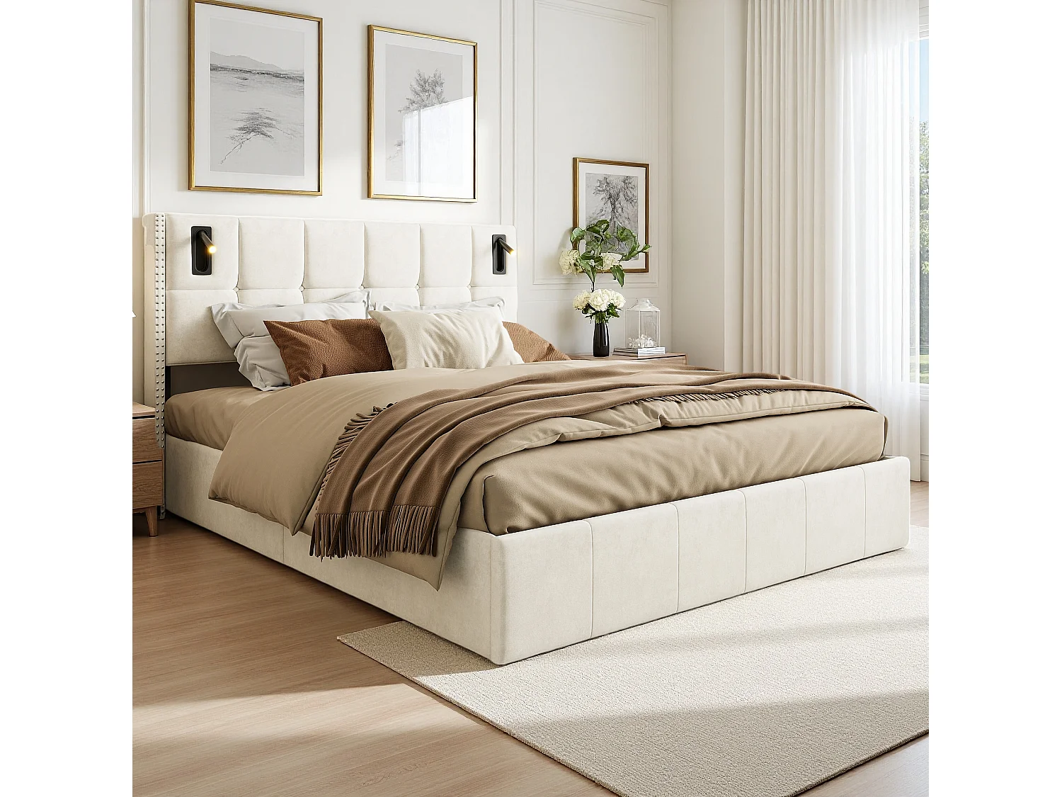 Lit double rembourré, 140 x 200 cm, avec espace de rangement hydraulique, éclairage LED et housse en velours, sommier à lattes, sans matelas, Beige