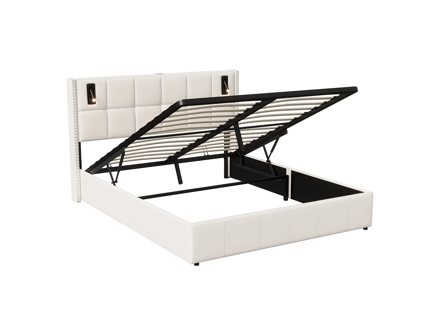 Lit double rembourré, 140 x 200 cm, avec espace de rangement hydraulique, éclairage LED et housse en velours, sommier à lattes, sans matelas, Beige
