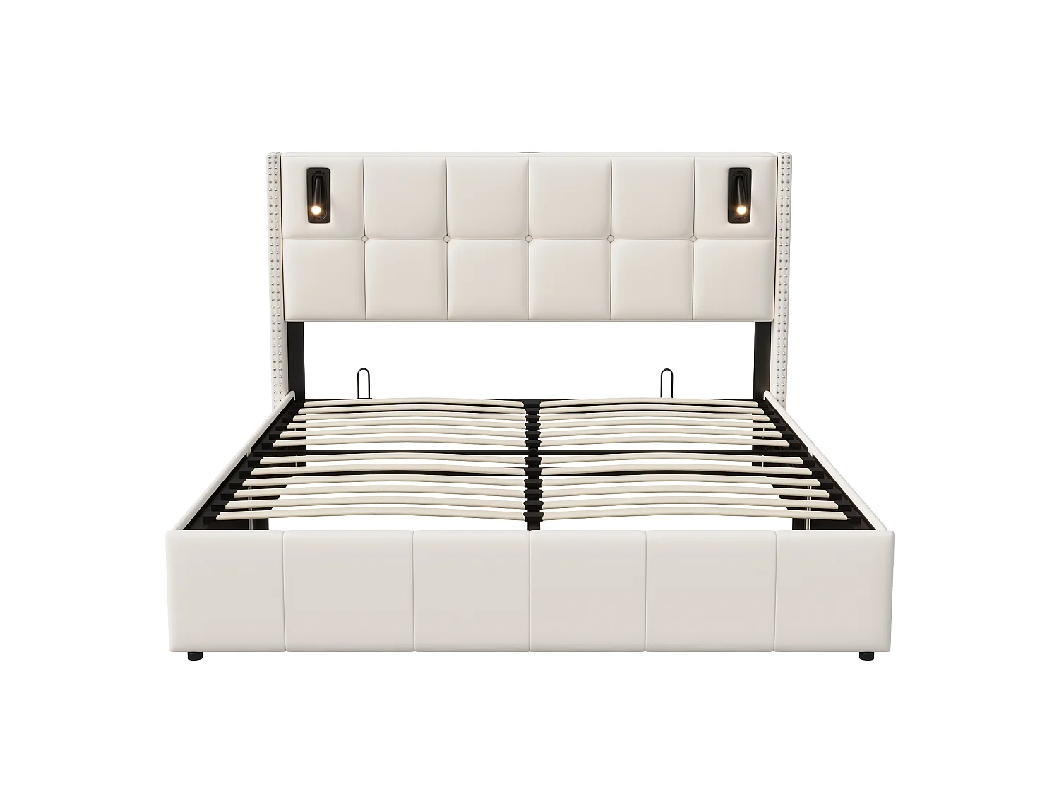 Lit double rembourré, 140 x 200 cm, avec espace de rangement hydraulique, éclairage LED et housse en velours, sommier à lattes, sans matelas, Beige