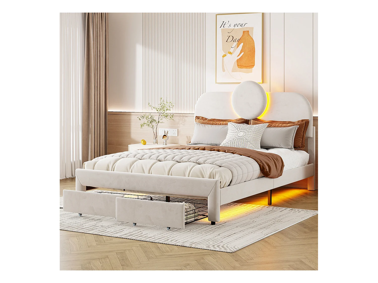 Struttura letto contenitore 140x200 cm con LED, letto matrimoniale con rete a doghe, velluto, beige