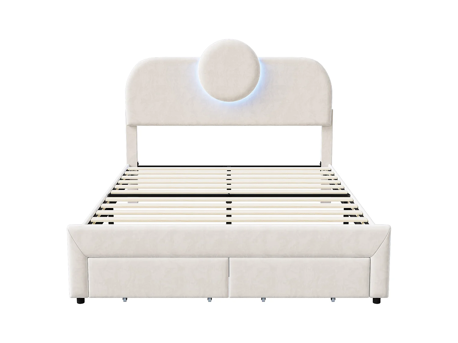 Struttura letto contenitore 140x200 cm con LED, letto matrimoniale con rete a doghe, velluto, beige