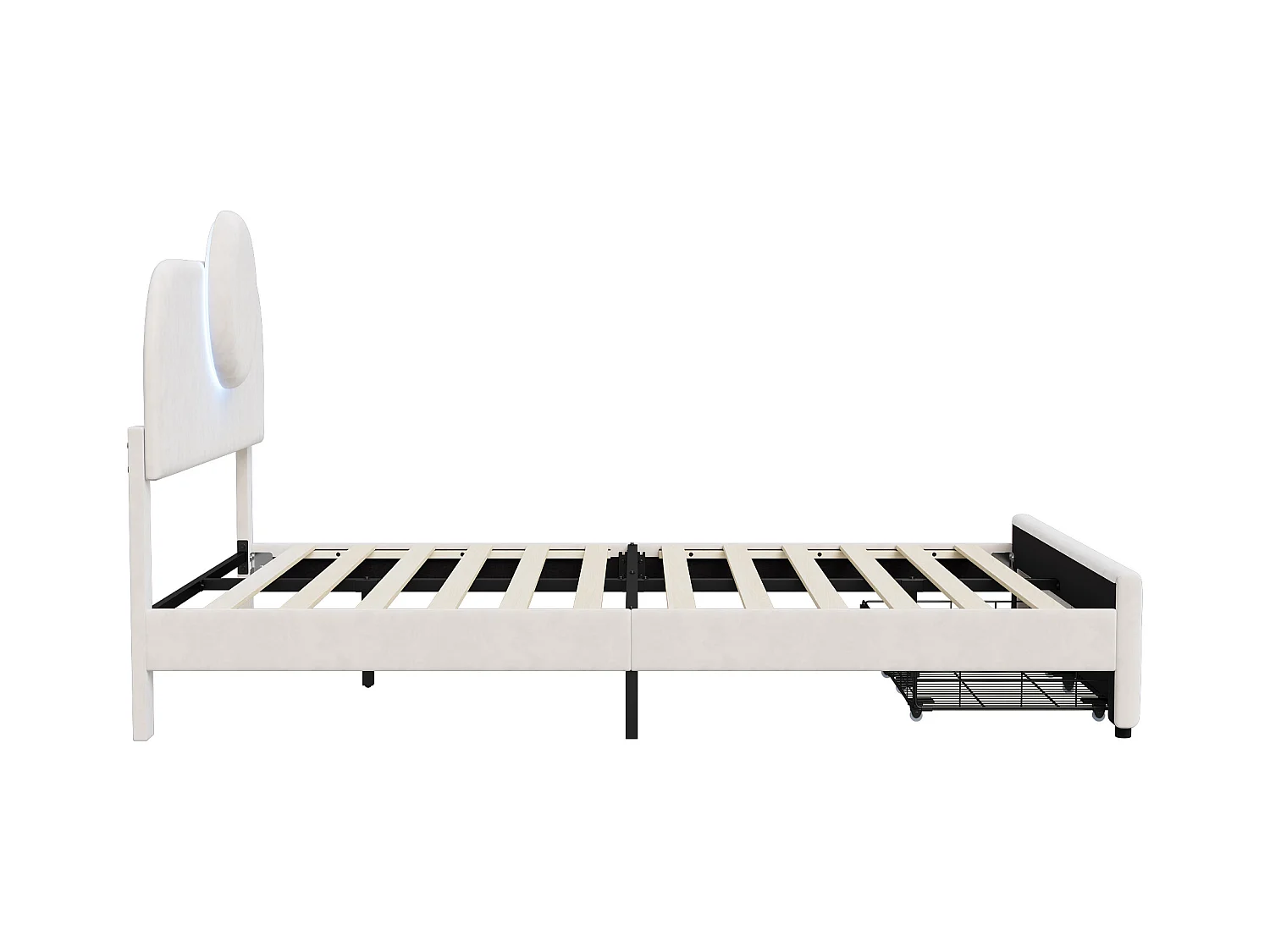 Struttura letto contenitore 140x200 cm con LED, letto matrimoniale con rete a doghe, velluto, beige