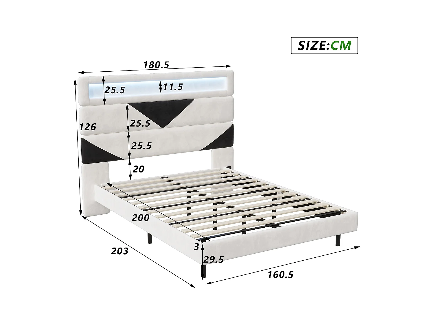 Bed 160 x 200 cm met LED, Tweepersoonsbed met lattenbodem van massief hout, fluweel, wit