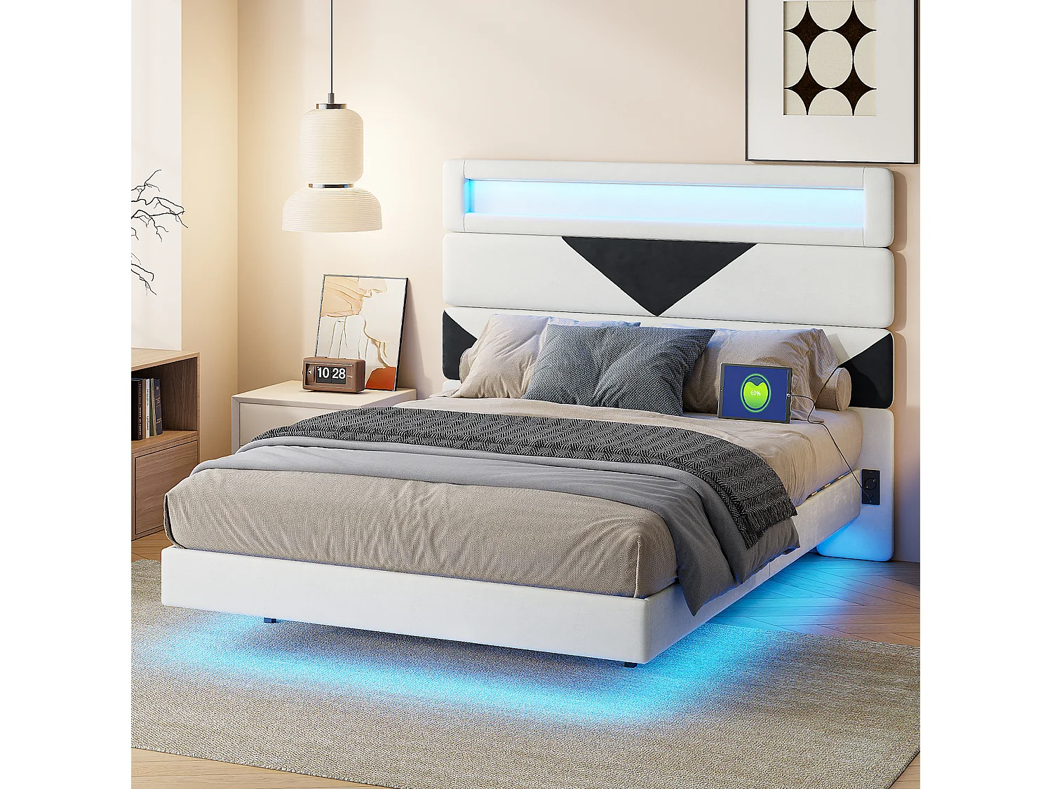 Bed 160 x 200 cm met LED, Tweepersoonsbed met lattenbodem van massief hout, fluweel, wit