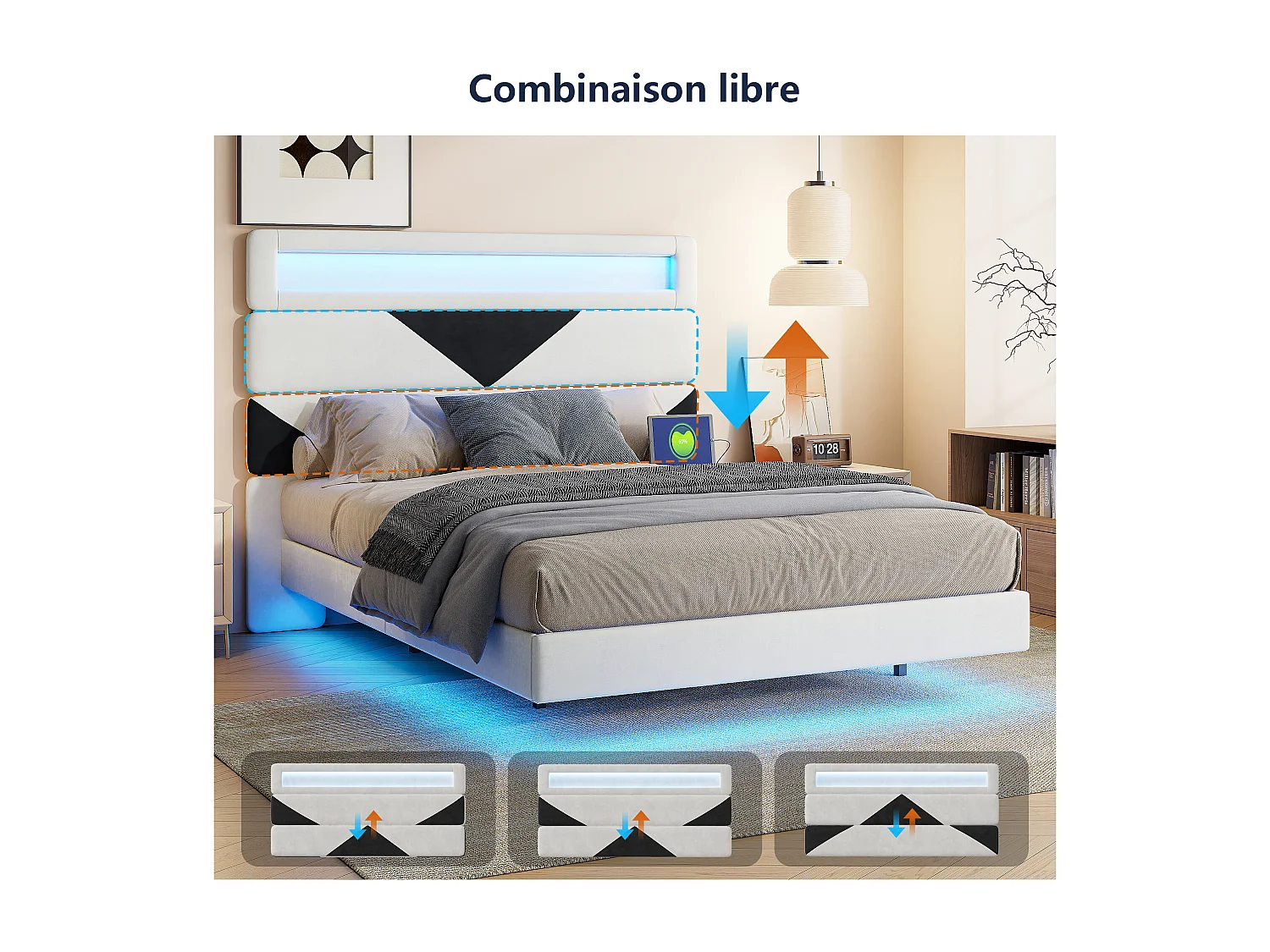 Bed 160 x 200 cm met LED, Tweepersoonsbed met lattenbodem van massief hout, fluweel, wit