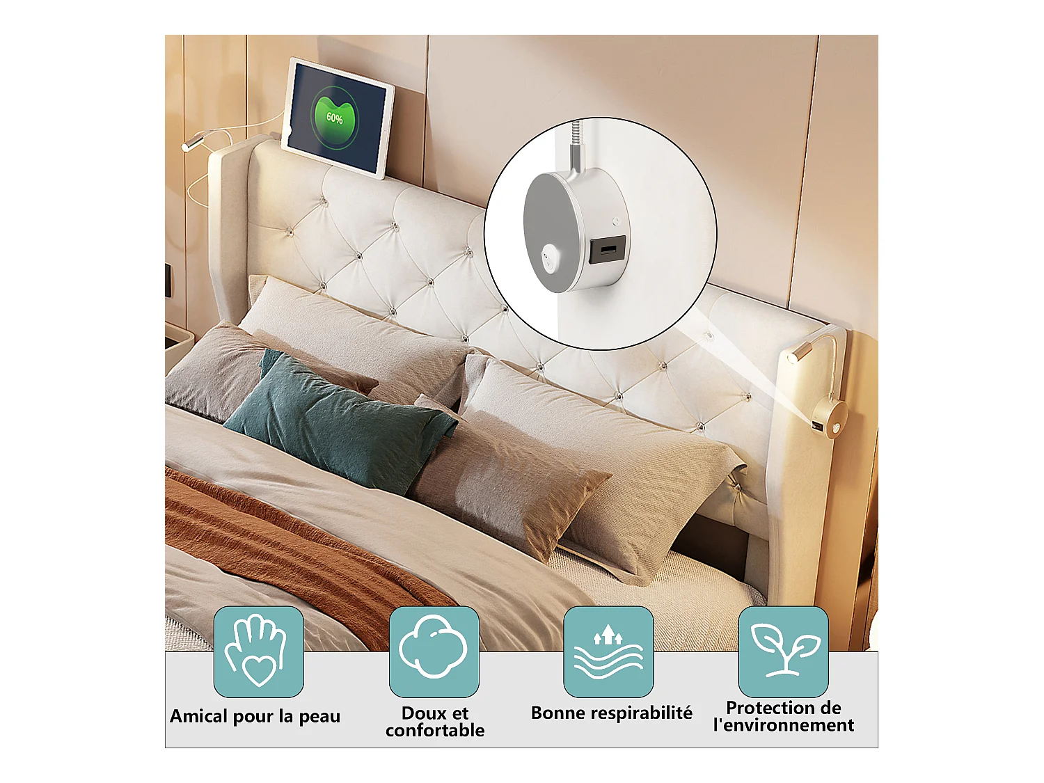 Letto matrimoniale 160 x 200 cm, lampada da lettura con funzione di ricarica, letto contenitore, velluto, beige