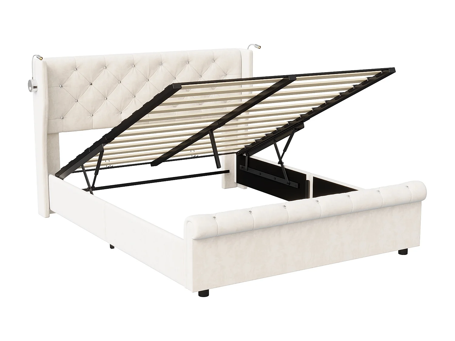 Lit double 160 x 200 cm, lampe de lecture avec fonction de charge, lit de rangement, velours, beige