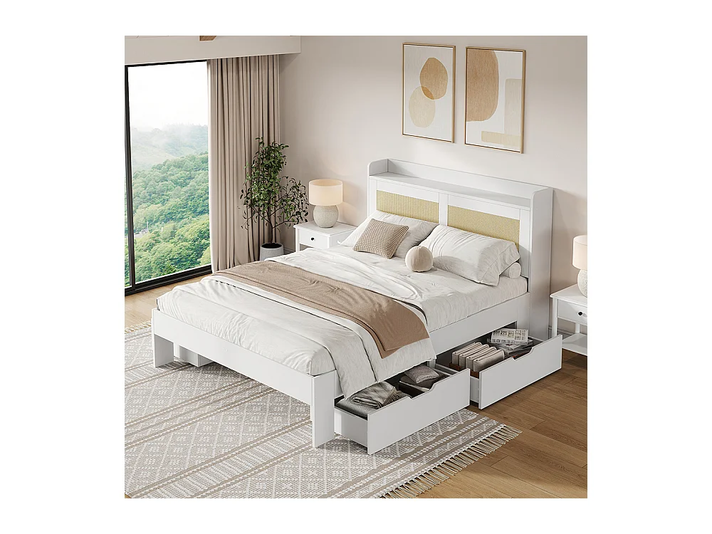 bed met opbergruimte van massief hout 140x200 met rotan decor lades met opbergruimte geschikt voor volwassenen en tieners wit