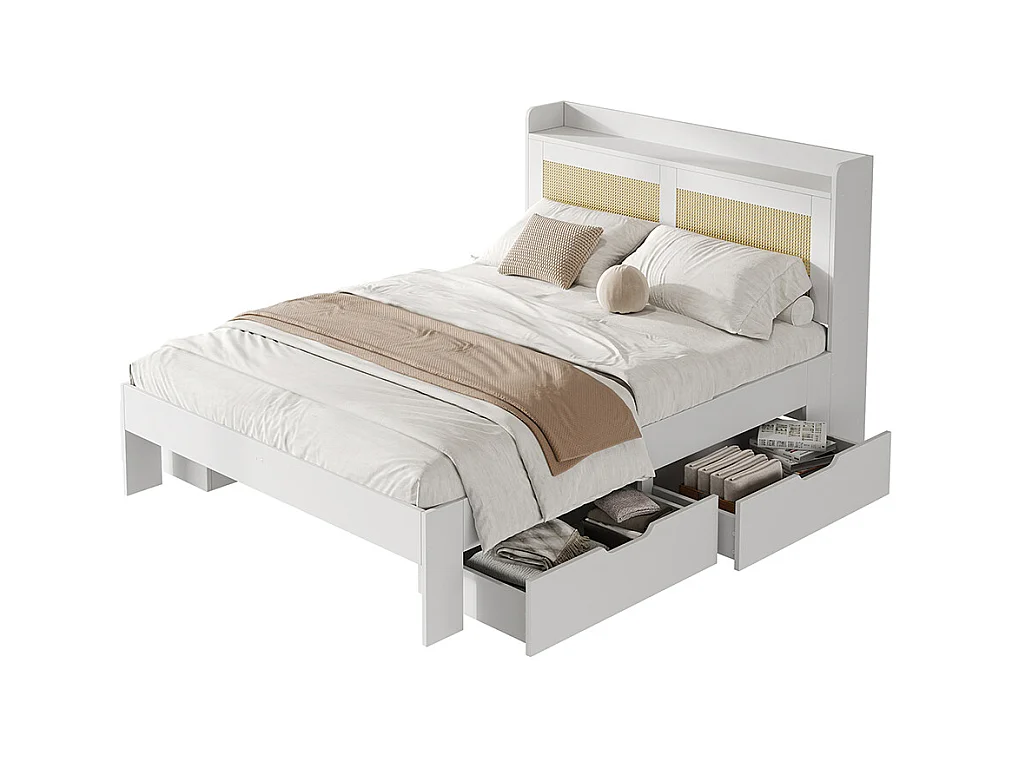 bed met opbergruimte van massief hout 140x200 met rotan decor lades met opbergruimte geschikt voor volwassenen en tieners wit