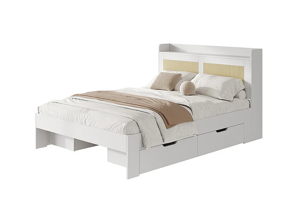 bed met opbergruimte van massief hout 140x200 met rotan decor lades met opbergruimte geschikt voor volwassenen en tieners wit